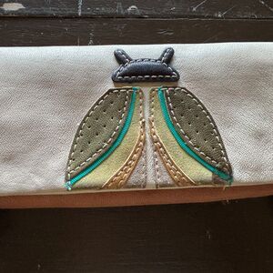 Vintage Fossil Leather wallet Lady Bug Maddox Tan Aqua Camel Bifold Long